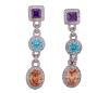 <span class='ref_item'>89 -</span> <span class="object_title">PENDIENTES LARGOS  EN PLATA DE LEY 925 CON PIEDRAS DE COLOR Y BLANCAS</span>  <p><span class="technical_description">Pareja de pendientes realizados en plata de ley 925, largos, con movimiento, están formados por tres cuerpos , el superior esta adornado por piedras color violeta, el central colgante por piedras azules y el inferior por piedras color anaranjado, todas ellas facetadas y con orlas de piedras blancas..Cierre: Presión. Longitud: 5 cm</span><br>Peso: <span class="PESO_HCES1">10,4</span> <span class="PESOUMED_HCES1">gr.</span><br></p>