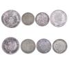 <span class='ref_item'>160 -</span> <span class="object_title">LOTE DE 8 MONEDAS DEL MUNDO EN PLATA.</span>  <p><span class="technical_description">- Moneda de plata tipo écu au bandeau del rey Luis XV de Francia. Año 1764. Peso: 28.7gr. Diámetro: 40mm<br/>- Moneda de 120 grana de plata de Fernando II de Italia. Año 1857. Peso: 27.4gr. Diámetro: 37mm<br/>- Moneda de 5 francos de plata de los príncipes Félix Baciocchi y Elisa Bonaparte de Lucca y Piamonte. Año 1805. Peso: 24.4gr. Diámetro: 40mm<br/>- Moneda de 10 Qirsh de plata de Egipto. Año 1876. Peso: 13.8gr. Diámetro: 31mm<br/>- Moneda de media corona de plata del rey Jorge V de Inglaterra. Año 1928. Peso: 13.8gr. Diámetro: 32mm<br/>- Moneda de media corona de plata del rey Jorge V de Inglaterra. Año 1921. Peso: 13.7gr. Diámetro: 30mm<br/>- Moneda de medio sol de plata de la República Peruana. Año 1864. Peso: 12.6gr. Diámetro: 29mm<br/>- Moneda de un florín de plata de Jorge V de Inglaterra. Año 1935. Peso: 11gr. Diámetro: 26mm<br/>PESO TOTAL DE TODAS LAS MONEDAS DE PLATA: 145.4gr</span><br></p>