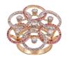 <span class='ref_item'>157 -</span> <span class="object_title"> SORTIJA EN ORO DE 19 KT. RUBIES Y DIAMANTES</span>  <p><span class="technical_description">Original sortija realizada en oro bicolor de 18 kt. con diseño de gran flor formada por bandas en círculos con diamante central en talla brillante con peso aprox. 0.19 ct. rodeado por otros 6 diamantes en talla brillante con peso total aprox. 0.42 ct y bandas de pequeños brillantes formando círculos con peso total aprox. 0.12 ct. Peso total aprox. de todos los diamantes: 0.73 ct. También lleva adorno de pequeños rubíes sobre bandas en circulo con peso total aprox. 0.13 ct ( falta uno de ellos). Medida sortija: 12<br/> </span><br>Peso: <span class="PESO_HCES1">9,6</span> <span class="PESOUMED_HCES1">gr.</span><br></p>