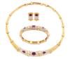 <span class='ref_item'>13 -</span> <span class="object_title">CONJUNTO DE GARGANTILLA, PULSERA Y PENDIENTES EN ORO DE 18 KT. CON RUBIES Y DIAMANTES</span>  <p><span class="technical_description">Lote formado por un excepcional conjunto de gargantilla, pulsera y pareja de pendientes realizados en oro de 18 kt. Gargantilla articulada con eslabones largos estriados alternados con verticales gallonados y detalle central de rubíes en talla oval el central y perilla a los lados, y adorno de diamantes en talla brillante engastados en pavé. La pulsera rígida, igualmente decorada, así como la pareja de pendientes. Peso total aprox. de todos los rubíes: 8,60 ct. Peso aprox. de todos los diamantes: 3,50 ct<br/>Cierres de gargantilla y pulsera: caja con lengüeta y ocho de seguridad. Cierre pendientes: Omega. Longitud gargantilla: 40 cm. Pulsera, ovalo interior: 6 cm. Pendientes longitud: 2,5 cm</span><br>Peso: <span class="PESO_HCES1">106,8</span> <span class="PESOUMED_HCES1">gr.</span><br></p>