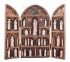 <span class='ref_item'>143 -</span> <span class="object_title">RETABLO TRÍPTICO DE DEVOCIÓN CRISTIANA. (S. XIX)</span>   <p><span class="technique_material">Madera y hueso</span><br><span class="technical_description">Retablo tríptico realizado en madera tallada y policromada con 23 figuras talladas en hueso. A una de las figuras le falta la cabeza. También dos tondos y columnas realizadas en hueso. La composición de este retablo imita la arquitectura gótica. También tiene herrajes de estilo gótico realizados en hierro forjado.<br/>En la hornacina principal destaca una figura femenina coronada que sostiene a un niño en representación de la Virgen María con el Niño Jesús. En el ático, se representa la figura de Dios Padre en temple sobre fondo dorado bendiciendo la escena. A los laterales pintadas las figuras de dos palomas blancas en representación del Espíritu Santo.<br/>Ligeras faltas por el paso del tiempo.<br/>Medidas abierto: 48,5 x 54 cm Medidas cerrado: 48.5 x 26.5cm</span><br></p>