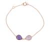 <span class='ref_item'>109 -</span> <span class="object_title">PULSERA DE ORO DE 18 KT. CON AMATISTA Y CUARZO ROSA</span>  <p><span class="technical_description">Pulsera realizada en oro de 18 kt. Compuesta por cadena de eslabón barbado y en el centro adorno de dos tallas de cuarzo amatista y cuarzo rosa con forma de gotas facetadas engastadas en bisel, con peso total aprox. 4 ct<br/>Cierre: De reasa. Longitud: 17 cm</span><br>Peso: <span class="PESO_HCES1">2,15</span> <span class="PESOUMED_HCES1">gr.</span><br></p>