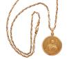 <span class='ref_item'>44 -</span> <span class="object_title">MEDALLA CON CORDÓN EN ORO DE 18 KT. </span>  <p><span class="technical_description">Medalla de la Inmaculada y cordón realizados en oro de 18 kt. La Medalla de diámetro 25 mm con imagen de la Virgen rodeada por bisel liso.<br/>El cordón con eslabones fantasía y cierre mosquetón. <br/>Longitud: 50 cm</span><br>Peso: <span class="PESO_HCES1">23</span> <span class="PESOUMED_HCES1">gr.</span><br></p>