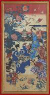 <span class='ref_item'>37 -</span> <span class="object_title">"DOS BAILARINES DE MANZAI Y MUJERES Y NIÑOS VOLANDO COMETAS EN LA CELEBRACIÓN DE AÑO NUEVO"</span>   <p><span class="author">Desconocido (Tokio, c.1875)</span> <br><span class="technique_material">Xilografía ukiyo-e</span><br><span class="technical_description">La estampa representa una alegre escena de Año Nuevo en Tokio: en la esquina inferior izquierda se observa una pareja realizando el Manzai (danza y arte escénico tradicional de Año Nuevo); a la derecha, las mujeres y niños con kimonos contemplan la escena; al fondo destaca la silueta del Monte Fuji. La obra muestra desperfectos en la tela. Una de las xilografías originales que posee esa colección está en el Museo Van Gogh de Ámsterdam.<br/>Enmarcado en marco de madera roja e interior dorado y cristal. Marco con desperfectos. Medidas con marco: 84.5 x 44.5cm</span><br></p>