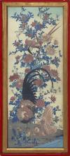 <span class='ref_item'>46 -</span> <span class="object_title">"GALLO, GALLINA Y POLLITOS"</span>   <p><span class="technique_material">Xilografía ukiyo-e</span><br><span class="technical_description">La obra es una interpretación de la pintura original "Rooster anda Hen with Hydrangeas" parte de su serie "Colorful Realm of Living Beings" del artista Jakuchu ITO (1716-1800)<br/>Enmarcado en marco de madera roja e interior dorado y cristal. Marco con desperfectos. Cristal con pequeña rotura en el ángulo inferior izquierdo. Medidas con marco: 66.5 x 30cm</span><br></p>