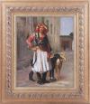 <span class='ref_item'>13 -</span> <span class="object_title">COPIA DE LA OBRA ORIGINAL 'ARNAUT DU CAIRE', 1871 DEL AUTOR JEAN-LEÓN GÉROME (1824-1904) POR PARTE DE UN SEGUIDOR LLAMADO M.MARION.</span>   <p><span class="technique_material">Óleo sobre tablex</span><br><span class="technical_description">Firmada M. Marion en el ángulo inferior derecho. La obra muestra detalladamente a un soldado albanés (arnauta) sosteniendo las correas de dos galgos (uno negro y otro rubio). Pequeño desperfecto en la parte de las patas del galgo negro.<br/>Enmarcado en un bonito marco de madera trabajada en tonos dorado. Medidas con marco: 35 x 31cm</span><br></p>