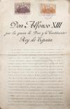 <span class='ref_item'>168 -</span> <span class="object_title">REAL CARTA DE SUCESIÓN DE 1910 (REINADO DE ALFONSO XIII)</span>   <p><span class="technical_description">Este documento es una Real Carta de Sucesión del título nobiliario de Marqués de Besora, expedida a favor de Don Hipólito de Queralt y López por fallecimiento de su tío (Don Carlos de Queralt y Fernández Maquiera).<br/>En el documento se observan dos sellos/timbres móviles fiscalizados de España. Uno de 100 pesetas y 1ªclase y otro de 50 pesetas y 3ªclase.<br/>Se acompaña junto al documento principal otro documento donde el Sr. Ministro de Gracia y Justicia le dice al de Hacienda que se expida la Real Carta de sucesión.</span><br></p>