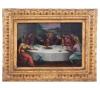 <span class='ref_item'>15 -</span> <span class="object_title">"LA ÚLTIMA CENA"</span>   <p><span class="author">Atribuido a BENVENUTO TISI DA GAROFALO (1481-1559)</span> <br><span class="technique_material">Óleo sobre cobre</span><br><span class="technical_description">La obra representa a Jesús y a sus apóstoles sentados alrededor de una mesa con un mantel blanco. En el centro se observa a Jesús con el halo de luz dorado en su cabeza y bajo él, se encuentra recostado el apostol San Juan (el discípulo amado). A la izquierda del todo se encuentra Judas, a quien se retrata ocultando la mano con la que sostiene la bolsa con monedas.<br/>Enmarcado en marco de madera tallada con acabado dorado. Medidas enmarcado: 23 x 29.5cm. Medidas de la lámina de cobre: 15 x 21cm </span><br></p>
