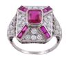<span class='ref_item'>64 -</span> <span class="object_title">SORTIJA EN PLATINO ESTILO ART DÉCO CON RUBIES CALIBRADOS Y DIAMANTES</span>  <p><span class="technical_description">Sortija realizada en Platino de diseño Art Déco con rubí central y calibrados (sintéticos ) haciendo adorno en forma de cruz y cuajado de diamantes en talla brillante con peso total aprox. 1.15 ct.<br/>Medida sortija: 17<br/>Ref: 3811</span><br>Peso: <span class="PESO_HCES1">7</span> <span class="PESOUMED_HCES1">gr.</span><br></p>