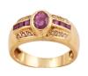 <span class='ref_item'>165 -</span> <span class="object_title">SORTIJA EN ORO DE 18 KT. CON RUBIES Y DIAMANTES</span>  <p><span class="technical_description">Sortija realizada en oro de 18 kt. con rubí central en talla oval adornado por dos carriles de rubíes calibrados con peso total aprox.0.65 ct. ( el central con peso aprox.0.60 ct.) y diamantes en talla brillante con peso total aprox. 0.10 ct<br/>Medida sortija: 15</span><br>Peso: <span class="PESO_HCES1">4,6</span> <span class="PESOUMED_HCES1">gr.</span><br></p>