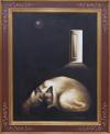 <span class='ref_item'>66 -</span> <span class="object_title">"EL GATO Y LA PUERTA"</span>   <p><span class="author">Alejandro CAMERENA (1942-2011)</span> <br><span class="technique_material">Óleo sobre lienzo</span><br><span class="technical_description">La obra representa un gato de aspecto siamés recostado en el interior de una estancia en penumbra. La composición está dominada por un fondo negro que contrasta con la iluminación cálida del animal y con la intensa luz que entra por una puerta entreabierta situada en el fondo.<br/>Firmado por el autor en el ángulo inferior derecho.<br/>Enmarcado en marco de madera en tonos dorado y rojo. Medidas con marco: 98 x 79cm </span><br></p>