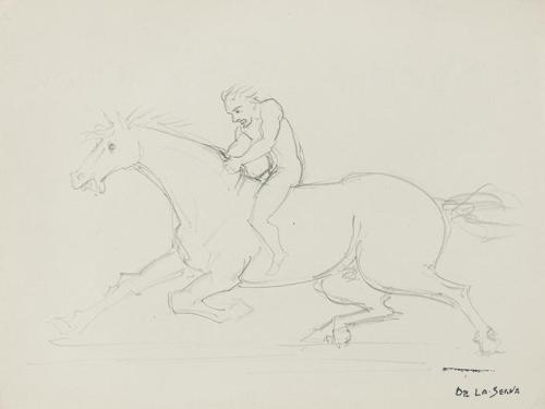 Personaje desnudo montando al galope a caballo