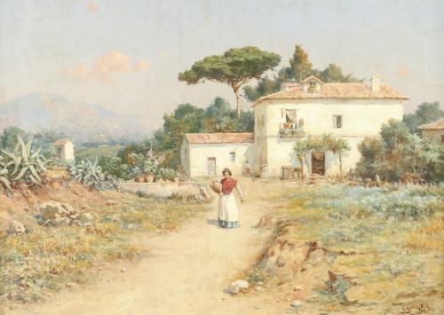 Muchacha con cantaro en un cortijo