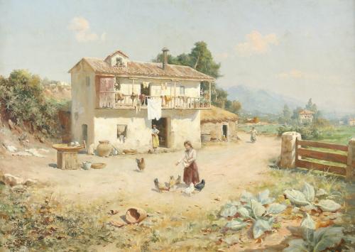 Paisaje rural con gallinas