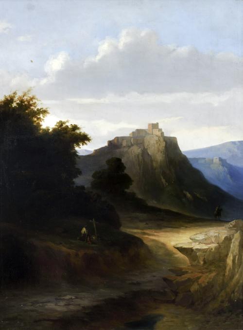 PAISAJE MONTAÑOSO CON CASTILLOS Y BANDOLEROS 