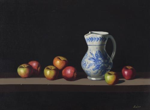 Bodegón con manzanas  y   jarra de cerámica