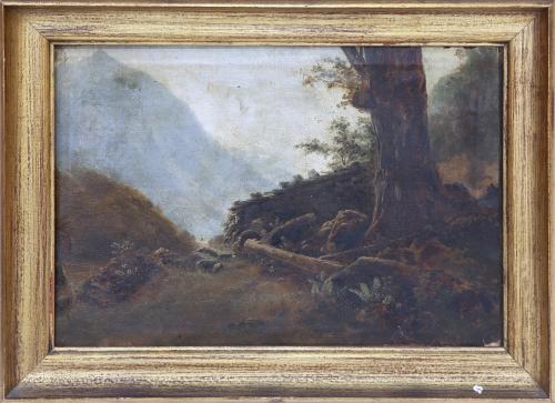 PAISAJE CON ÁRBOL Y MONTAÑA GRIS AL FONDO