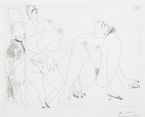 Degas in top hat viewing two nudes