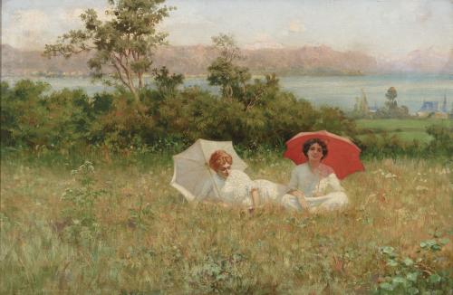 Dos damas  con sombrilla en un prado.
