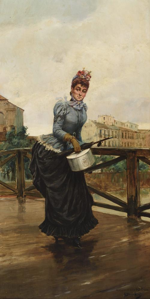 Señora con paraguas y sombrerera