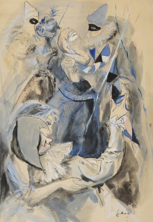 Escena de teatro con arlequines