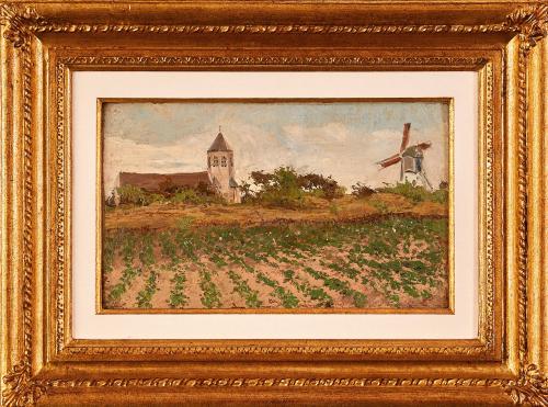 Paisaje con iglesia y molino