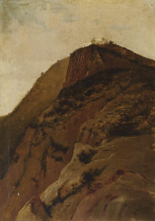Casa en la cima de la montaña y paisaje lacustre.