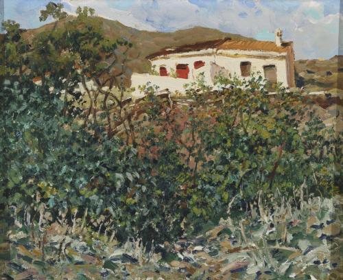 Paisaje florido con casa al fondo