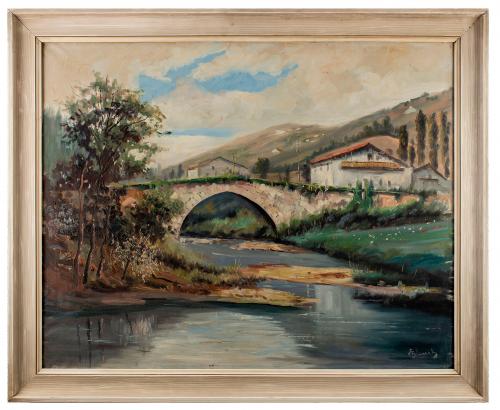 Paisaje lacustre con puente