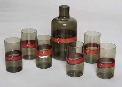 JUEGO DE SEIS VASOS Y BOTELLA, DISEÑO DE FULVIO BIANCONI