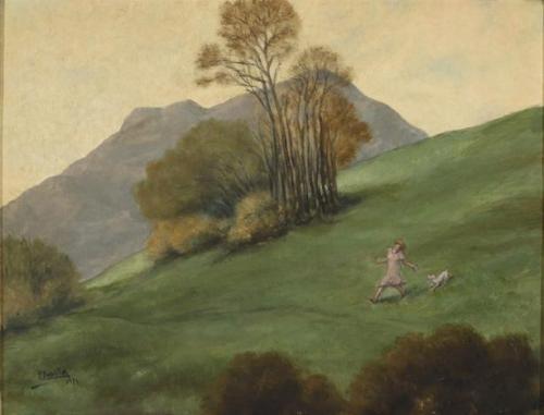 Niña y perro en un paisaje