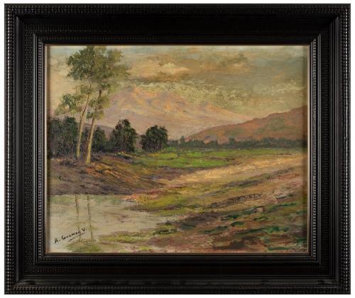 PAISAJE CON ÁRBOLES Y PEQUEÑO LAGO