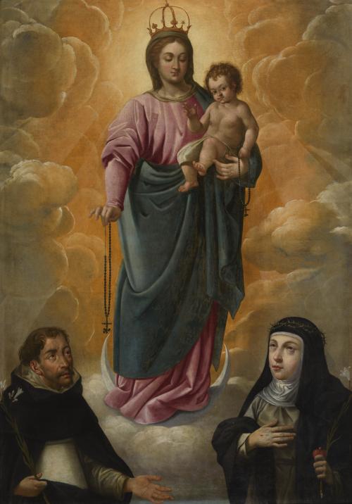 La virgen entrega el Rosario a Santo Domingo y a Santa Cata