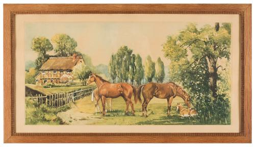 Escenas de caza y caballos pastando en una granja