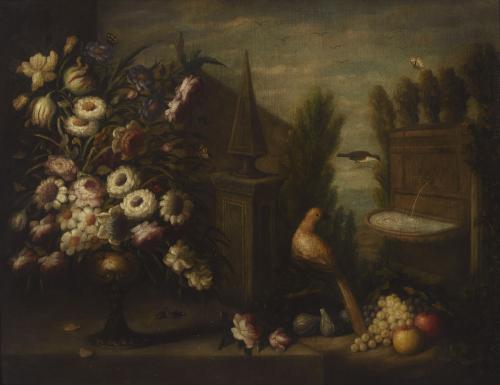Bodegón con aves, flores y frutas
