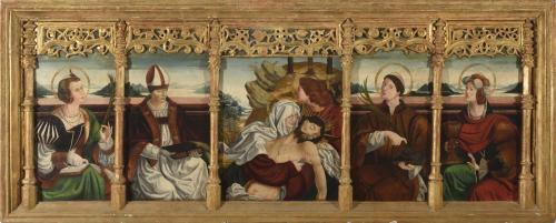 Banco de retablo o predela con La Piedad flanqueada por San