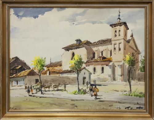 IGLESIA DE PUEBLO CON PERSONAJES EN LA PLAZA DEL PUEBLO