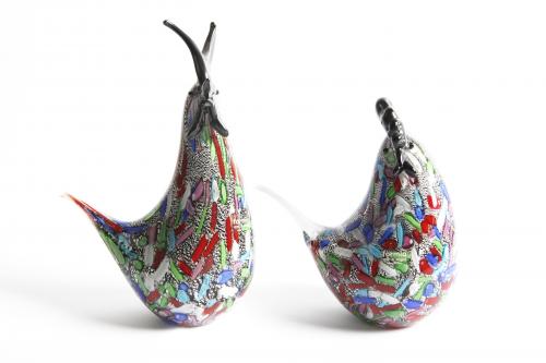 PAREJA DE GALLOS DE CRISTAL DE MURANO MULTICOLOR SIGLO XX