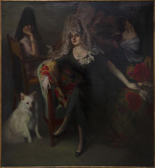 RETRATO DE TRES DAMAS CON MANTILLA, ABANICO Y MANTÓN