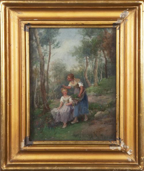 MUJER Y NIÑAS CON FLORES EN UN BOSQUE