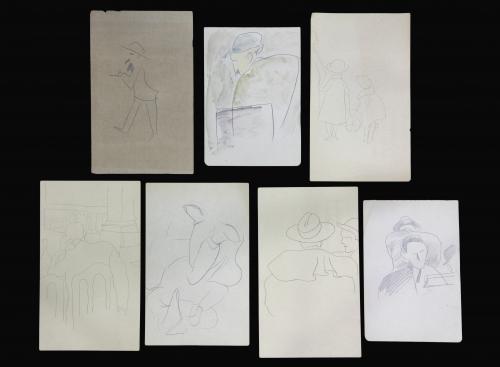 CONJUNTO DE SIETE DIBUJOS A LÁPIZ SOBRE PAPEL DE ESCENAS CO
