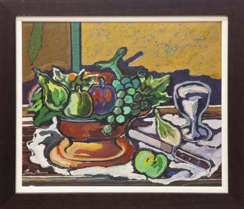 BODEGÓN DE FRUTERO, FRUTAS, COPA Y CUCHILLO SOBRE MESA