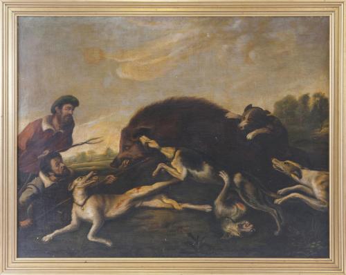 ESCENA DE CAZA CON JABALÍ Y GALGOS.