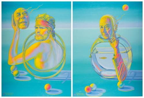 NELSON CON LA MÁSCARA DEL BUFÓN DE DIOS Y HENRY MILLER