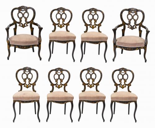 EXCEPCIONAL CONJUNTO DE SEIS SILLAS Y DOS BUTACAS DE MADERA