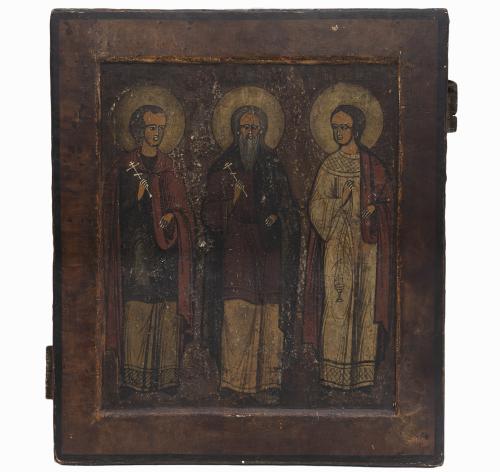ICONO ORTODOXO DE SANTOS COSME, DAMÍAN Y JUAN EVANGELISTA