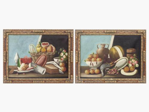 PAREJA DE BODEGONES DE FRUTAS Y FLORES