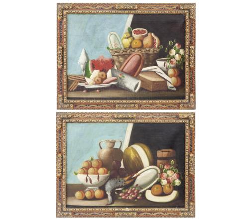 PAREJA DE BODEGONES DE FRUTAS Y FLORES