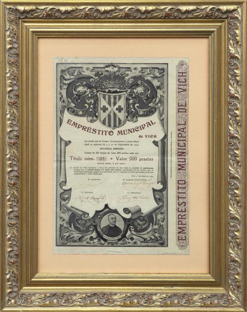 OBLIGACIÓN DEL EMPRÉSTITO MUNICIPAL DE VICH. GIRONA, 1909.