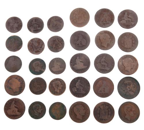 LOTE DE 30 MONEDAS ESPAÑOLAS DE 1867, 1870, 1877 Y 1878